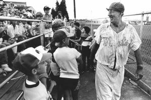Max Patkin, the Clown Prince of Baseball, visits Everett Memorial Stadium. (Dan Bates / The Herald)