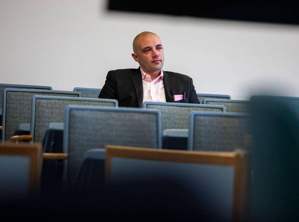 Michael Jasmer, brother to John Jasmer, cries during the resentencing of Jenson Hankins at the Snohomish County Courthouse on Thursday in Everett. (Olivia Vanni / The Herald)