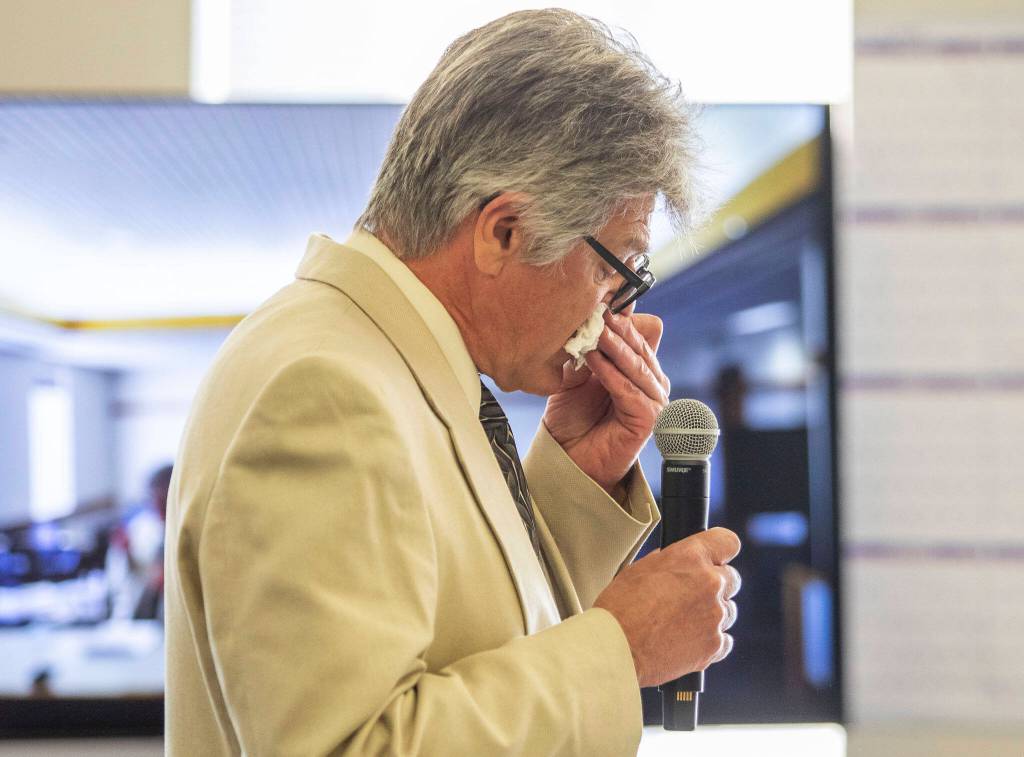 Jenson Hankins father Mark Hankins becomes emotional while addressing the court during his sons resentencing at the Snohomish County Courthouse on Thursday in Everett. (Olivia Vanni / The Herald)