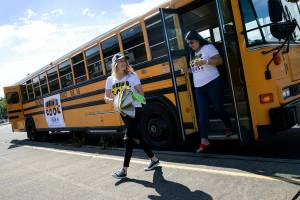 Teachers get off the Cool Bus to prepare for their next stop Wednesday, July 6, 2022, at Presidents Elementary School in Arlington, Washington. (Ryan Berry / The Herald)