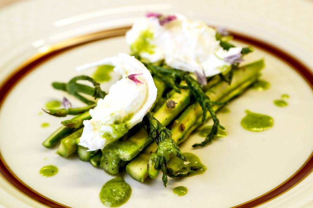An asparagus salad with burrata by Joel Childs at The Chef Behind The Curtain in Snohomish. (Kevin Clark / The Herald)
