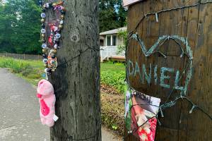 A memorial on Glenwood Avenue for Daniel Brakke in Everett, Washington on July 6, 2022. (Jake Goldstein-Street / The Herald)