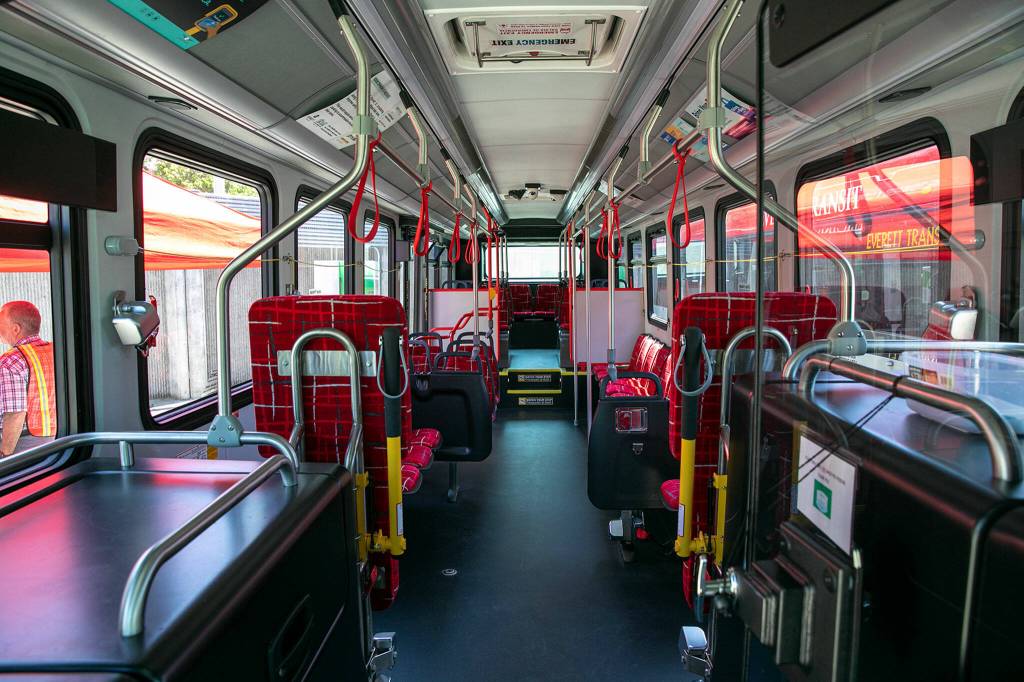 Everett Transits fleet of electric buses, like one seen here June 27, is on track to be fully electric by 2028. (Ryan Berry / The Herald)