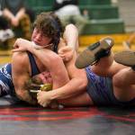 Glacier Peaks Jacob Erickson attempts to pin Lake Stevens Koen Mattern during the Class 4A sub-regional wrestling meet at Henry M. Jackson High School on Feb. 5 in Everett. (Olivia Vanni / The Herald)