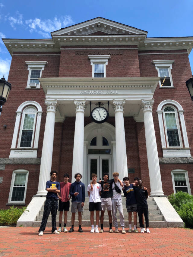 Members of the Everett High School boys basketball team on the Bates College campus in Lewiston, Maine. (Photo courtesy of Bobby Thompson)