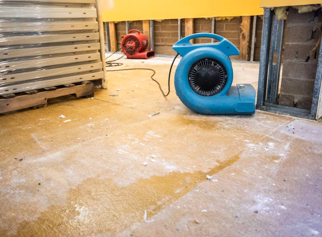 Fans blow air to help dry off parts of the Edmonds Library on Friday, in Edmonds. (Olivia Vanni / The Herald)
