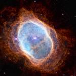 This combo of images released by NASA on Tuesday, July 12, 2022, shows a side-by-side comparison of observations of the Southern Ring Nebula in near-infrared light, at left, and mid-infrared light, at right, from the Webb Telescope. (NASA, ESA, CSA, and STScI via AP)
