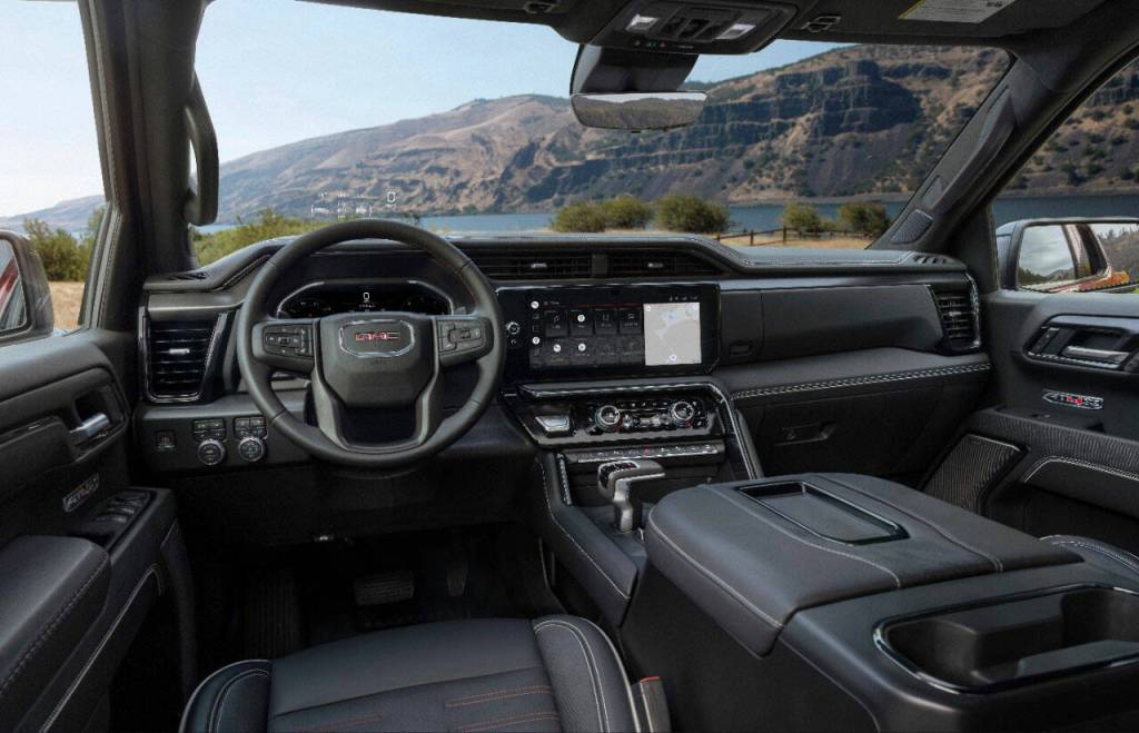 The pampering GMC Sierra 1500 AT4X premium interior contrasts the trucks superior off-road capability. (GMC)