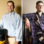 Left: Edmonds Mayor Mike Nelson stands with his handgun and gun safe at his home in Edmonds in 2018. (Olivia Vanni / The Herald) Right: When not at home, Brett Bass keeps his rifle locked in a 600-lb. safe at his home in Edmonds. (Andy Bronson / The Herald)