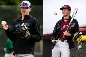 Edmonds-Woodway High School grad Nick Hull (left) and Cascade grad Brett Gillis. Hull was selected in the seventh round of the 2022 MLB Draft by the Chicago Cubs and Gillis went to the Houston Astros in the eighth round. (Herald file photos)