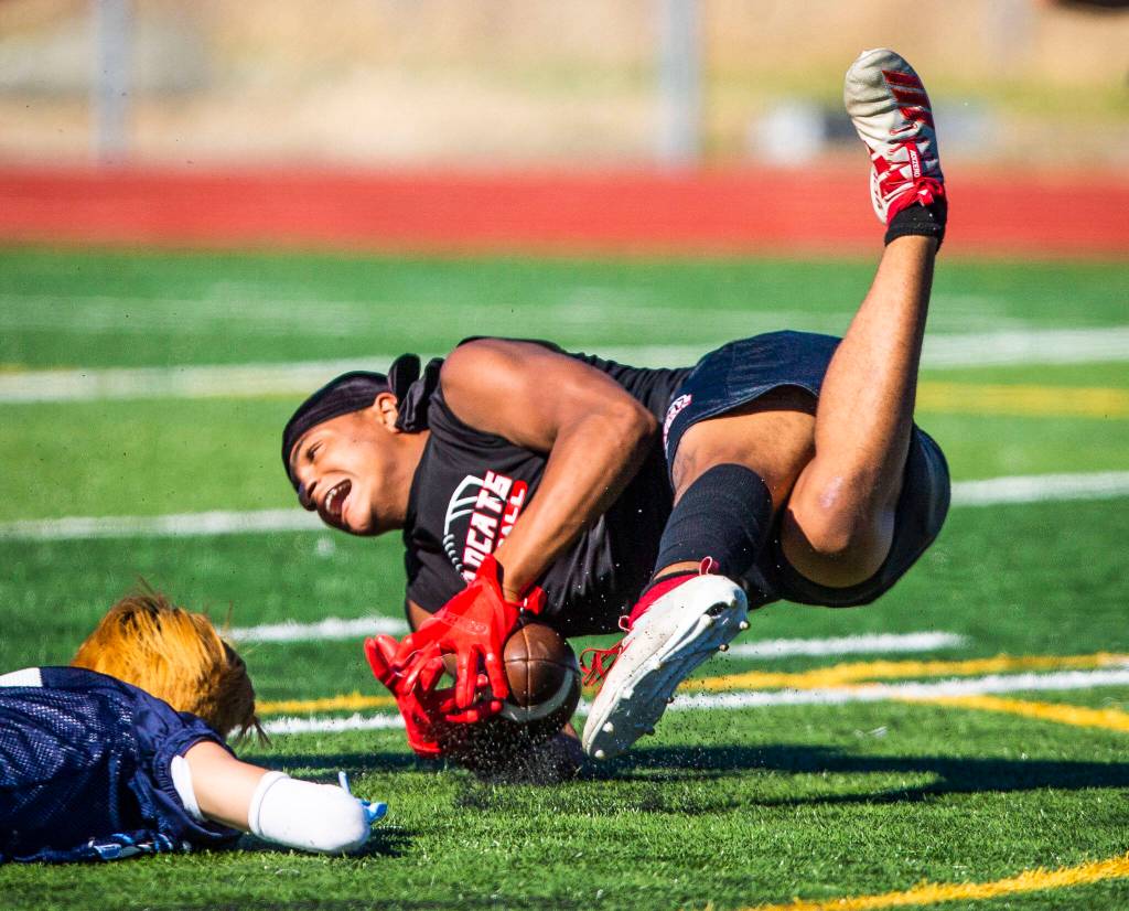 Archbishop Murphys Traevon Phifer recovers a fumbled pass during 7on7 game on Wednesday, July 20, 2022 in Snohomish, Washington. (Olivia Vanni / The Herald)
