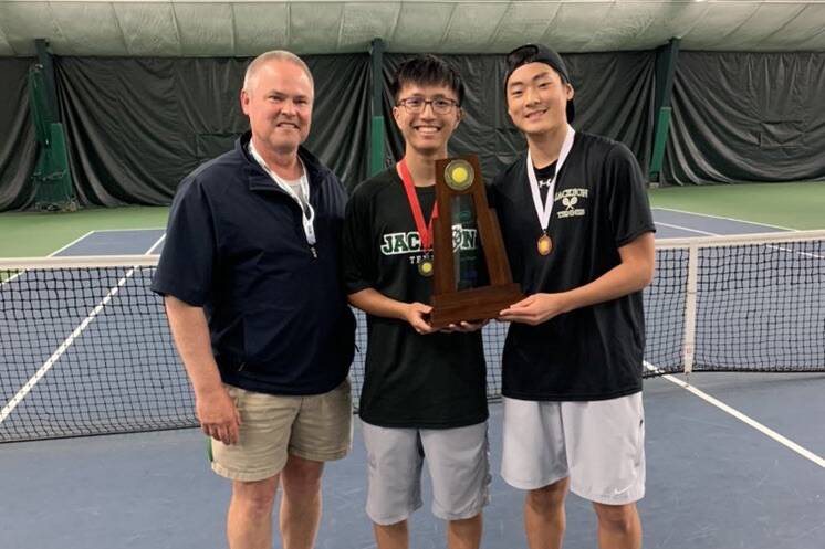 Henry Park (center) and Ben Lee (right) led Jackson boys tennis to the 4A state team title. (WIAA photo)