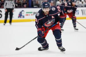 Columbus Blue Jackets' Oliver Bjorkstrand plays against the Toronto Maple Leafs during an NHL hockey game Tuesday, Feb. 22, 2022, in Columbus, Ohio. (AP Photo/Jay LaPrete)