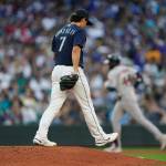 Mariners starting pitcher Marco Gonzales (7) stands on the mound as the Astros Yordan Alvarez rounds the bases after hitting a solo home run during the fourth inning of a game Friday in Seattle. (AP Photo/Ted S. Warren)