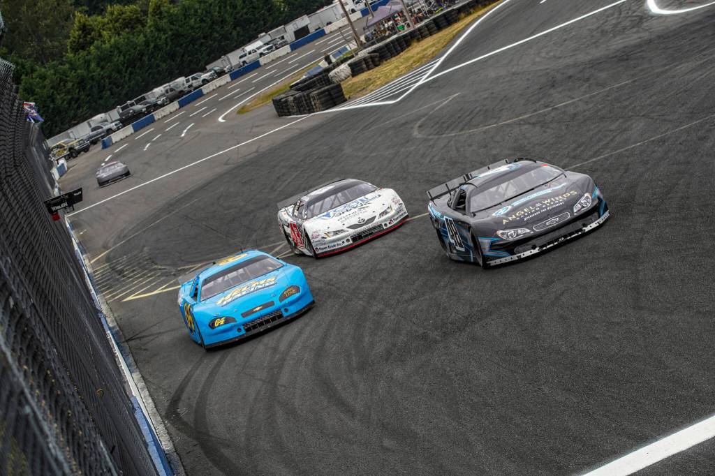 Preston Peltier (right) leads the pack during Evergreen Speedway's Summer Showdown this past weekend in Monroe. JULY 2022 (Kyler Hope / Evergreen Speedway