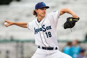 Bryce Miller pitches during a game against the Tri-City Dust Devils on Wednesday, June 15, 2022 in Everett, Washington. (Olivia Vanni / The Herald)