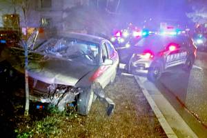 This crash in Seattle resulted from a chase that started in Snohomish County after the robbery of a marijuana retail store on Feb. 17. (Snohomish County Sheriff's Office) 20220218