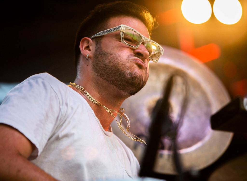 Petar Janjic plays the drums with Cory Wong on Thursday, July 28, 2022 in Snohomish, Washington. (Olivia Vanni / The Herald)