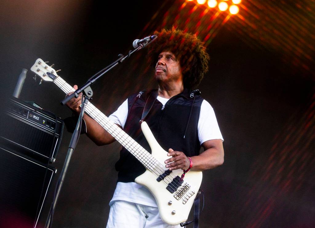 Sonny T. plays the bass with Cory Wong on Thursday, in Snohomish. (Olivia Vanni / The Herald)