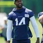 Seahawks wide receiver DK Metcalf stands on the field during a practice on Thursday in Renton. (AP Photo/Ted S. Warren)