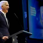 Pac-12 commissioner George Kliavkoff speaks at Pac-12 media day on Friday in Los Angeles. (AP Photo/Damian Dovarganes)