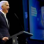 Pac-12 Conference commissioner George Kliavkoff speaks at Pac-12 NCAA college football media day Friday, July 29, 2022, in Los Angeles. (AP Photo/Damian Dovarganes)
