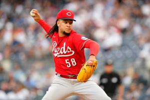 Cincinnati Reds' Luis Castillo pitches during the first inning of a baseball game against the New York Yankees Thursday, July 14, 2022, in New York. (AP Photo/Frank Franklin II)