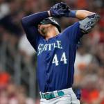 Seattle Mariners Julio Rodriguez reacts after striking out on a pitch that hit him in the hand during Saturdays game against the Houston Astros in Houston. (AP Photo/Eric Christian Smith)