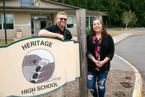Heritage High Principal Dr. Nathan Plummer and Tulalip Education Division Executive Director Jessica Bulstad stand out front at Heritage High School on Thursday, Aug. 4, 2022, in Marysville, Washington. (Ryan Berry / The Herald)