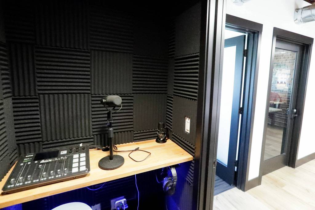 A podcast recording studio available at Think Tank Cowork Tuesday afternoon in Everett, Washington on July 19, 2022. (Kevin Clark / The Herald)
