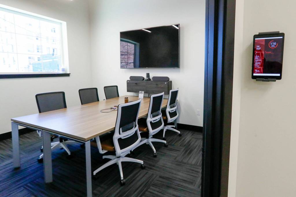 One of two conference rooms available at Think Tank Cowork Tuesday afternoon in Everett, Washington on July 19, 2022. (Kevin Clark / The Herald)