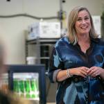 Tiffany Smiley, who is running as a Republican for U.S. Senate, speaks to a small group of supporters on July 28, at the Chevron Gas Station on Everett Mall Way in Everett. (Ryan Berry / The Herald)