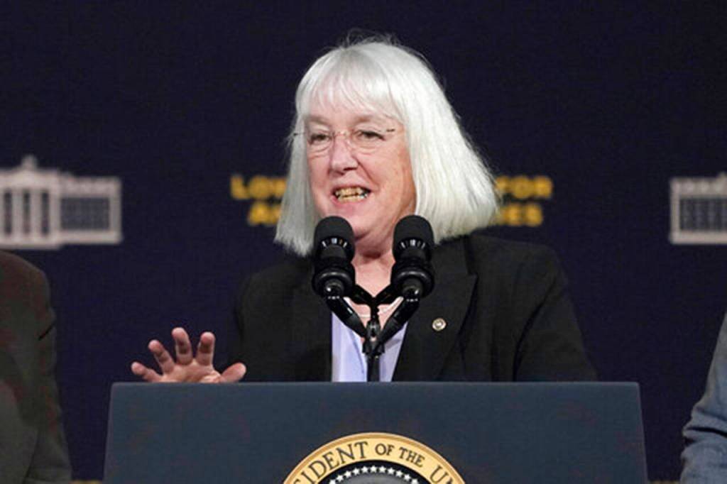 U.S. Sen. Patty Murray, D-Wash., speaks at an event with President Joe Biden on April 22, 2022, in Auburn. (AP Photo / Ted S. Warren)