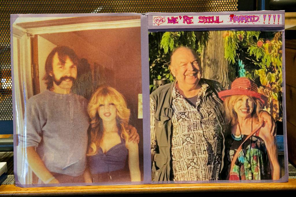 Two photos of Terry Williams and his wife of 50 years, Suzanne, are placed side by side Saturday during a memorial service for Williams at the Tulalip Gathering Hall in Tulalip. (Ryan Berry / The Herald)