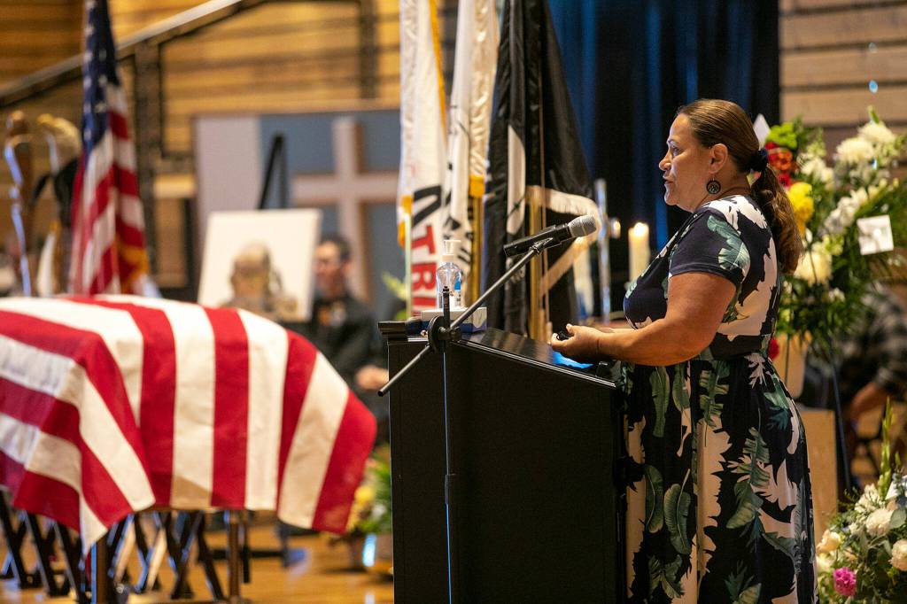 Tulalip Tribes Chairwoman Teri Gobin speaks Saturday during a memorial service for Terry Williams at the Tulalip Gathering Hall in Tulalip. (Ryan Berry / The Herald)