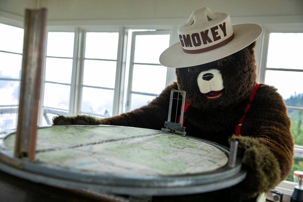 Smokey Bear takes a look at an Osborne Fire Finder Wednesday, at the North Mountain Fire Lookout north of Darrington. (Ryan Berry / The Herald)