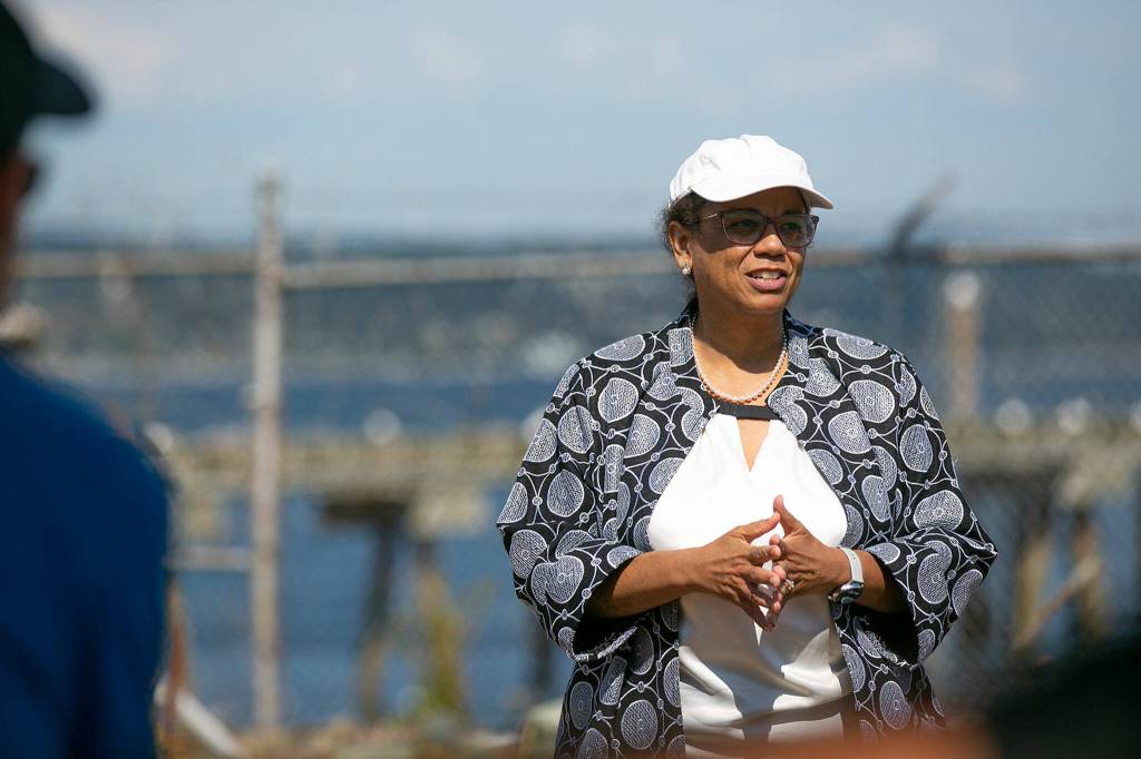 NOAAs Deirdre Reynolds Jones thanks the representatives of local tribes for hosting a blessing ceremony Monday, at the decommissioned NOAA building on the waterfront in Mukilteo. (Ryan Berry / The Herald)