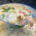Freshly dug clams are blended into a creamy chowder of potatoes, onions, shallots, meat and spices. (Photo by Tressa Dale/Peninsula Clarion)