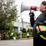 Abortions rights protesters fill all four corners of the intersection in front of the Everett Planned Parenthood in support of abortion rights on July 9. (Olivia Vanni / The Herald)