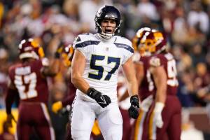 Seattle Seahawks linebacker Cody Barton reacts after a play during the second half of an NFL football game between the Washington Football Team and the Seattle Seahawks, Monday, Nov. 29, 2021, in Landover, Md. Washington won 17-15. (AP Photo/Julio Cortez)