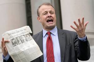 Initiative promoter Tim Eyman talks to reporters, Thursday, Oct. 15, 2020, in front of the Temple of Justice at the Capitol in Olympia, Wash. The Washington Supreme Court on Thursday unanimously struck down Eyman's Initiative 976, a measure that would have steeply discounted the price of car registrations at $30 while gutting transportation budgets across Washington state. (AP Photo/Ted S. Warren)
