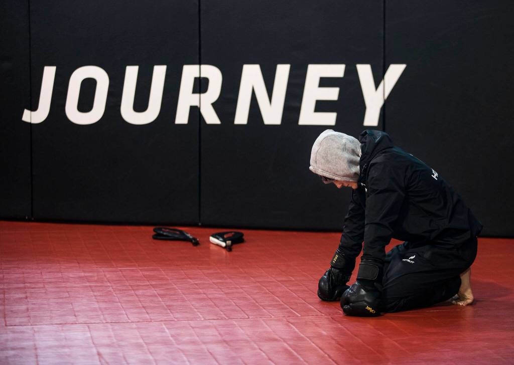 Miranda Granger catches her breath in her sauna suit at the start of her weight cut in the UFC Performance Institute on Aug. 4, 2022, in Las Vegas. In professional mixed martial arts, most fighters fight at a weight below their regular weight to gain an advantage on their opponent. As a result many fighters cut weight the night before weigh-ins. (Olivia Vanni / The Herald)