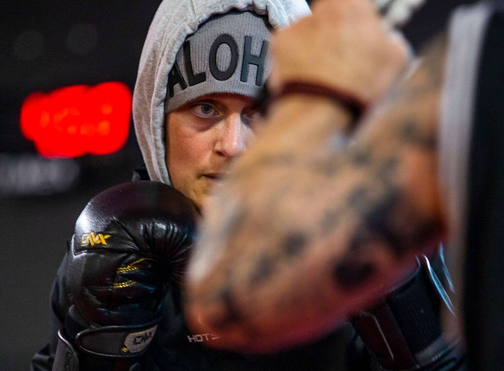 Miranda Granger does a light workout in a sauna suit at the beginning of her weight cut at the UFC Performance Institute on Thursday, Aug. 4, 2022, in Las Vegas. (Olivia Vanni / The Herald)