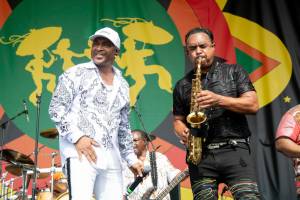 Shawn McQuiller of Kool & The Gang performs at the New Orleans Jazz and Heritage Festival, on Sunday, May 8, 2022, in New Orleans. (Photo by Amy Harris/Invision/AP)