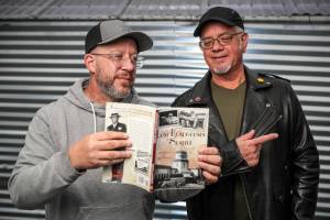 Brad Holden, left, and Peter Blecha, authors of a new book about Prohibition-era roadhouses photographed Friday morning in Shoreline, Washington on August 26, 2022.  (Kevin Clark / The Herald)