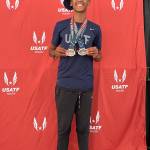 Lake Stevens native Grant Buckmiller displays his medals at the USATF National Junior Olympic Track and Field Championships in Sacramento, Calif. (Provided photo)