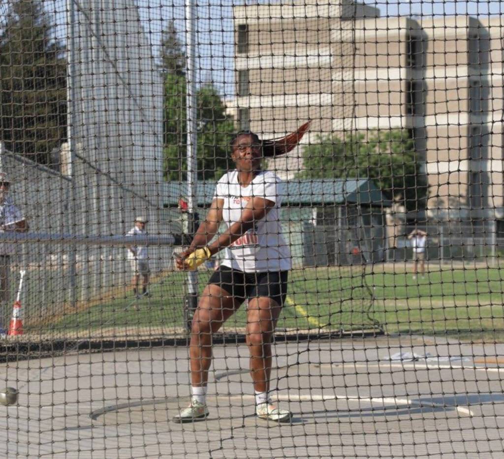 Edmonds native Adrianna Coleman competes in the hammer throw at the USATF National Junior Olympic Track and Field Championships in Sacramento, Calif. (Provided photo)