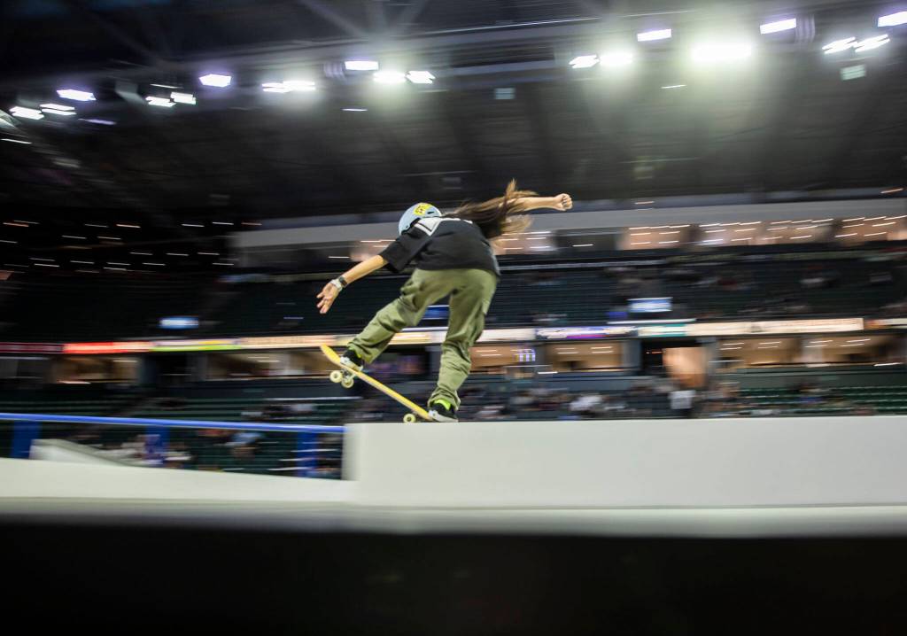 Funa Nakayama warms up before the start of the Street League Skateboarding womens final on Sunday, Aug. 14, 2022 in Everett, Washington. (Olivia Vanni / The Herald)