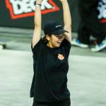 Yuemka Oda celebrates after landing a trick during the Street League Skateboarding womens final on Sunday, Aug. 14, 2022 in Everett, Washington. (Olivia Vanni / The Herald)