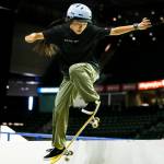 Funa Nakayama warms up before the start of the Street League Skateboarding womens final on Sunday, Aug. 14, 2022 in Everett, Washington. (Olivia Vanni / The Herald)
